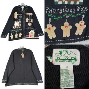 The Quacker Factory Gingerbread Christmas Sweater Cardigan Plus Size 1X Black